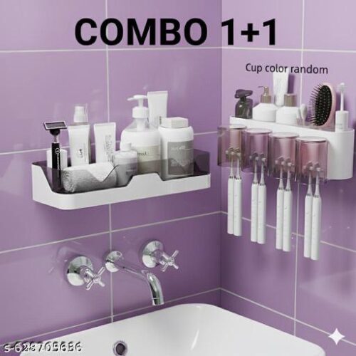 Wall Mounted Toothbrush Holder & Bathroom Shelf - Combo